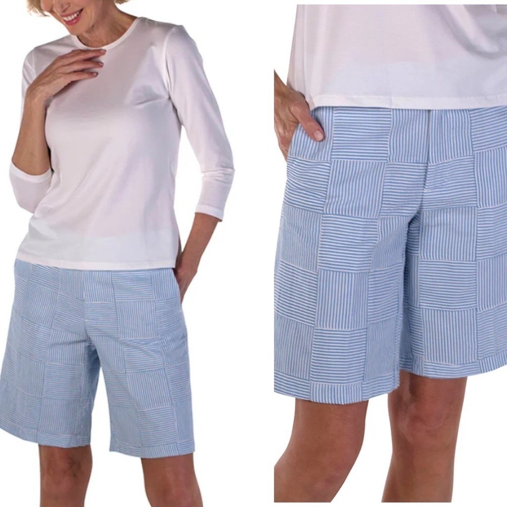 Cape Madras Seersucker Shorts Blue Striped‎ Patchwork Bermuda Shorts Size 14